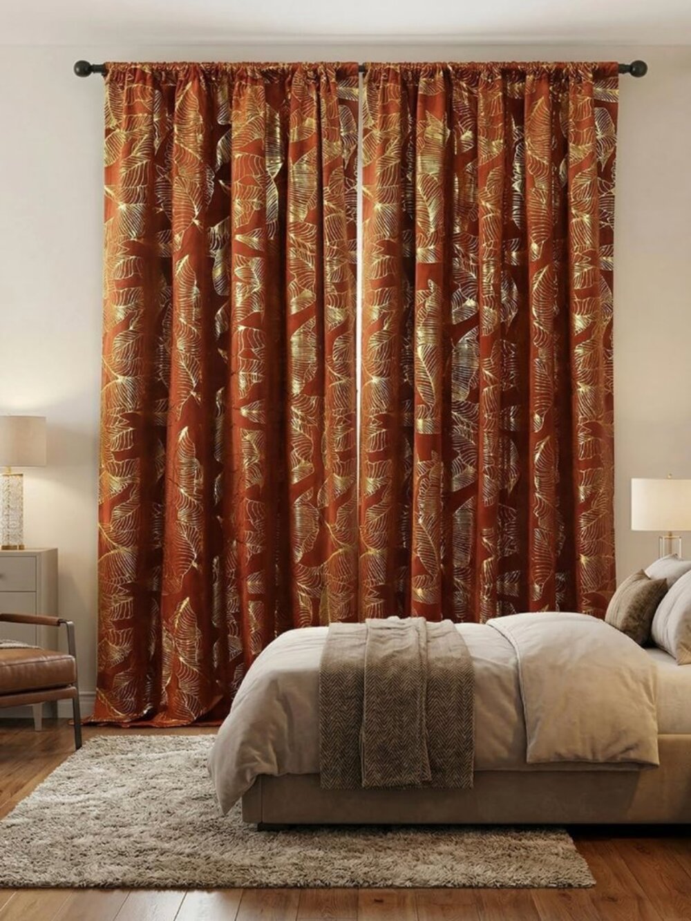 Burnt Orange Curtains with Gold Leaf